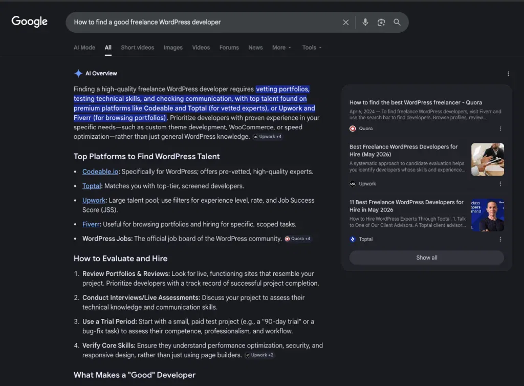 Freelance WordPress Developer Search