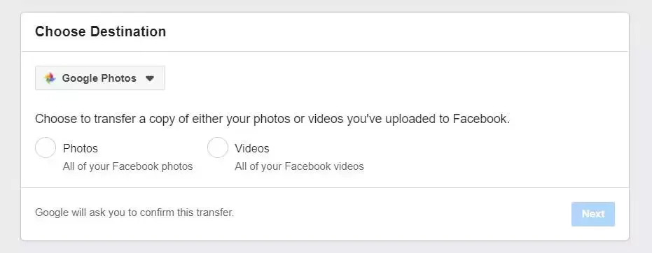 Transfer Facebook photos and videos to google photos