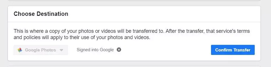 Transfer Facebook photos and videos to google photos