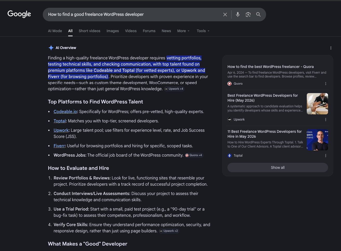 Freelance WordPress Developer Search